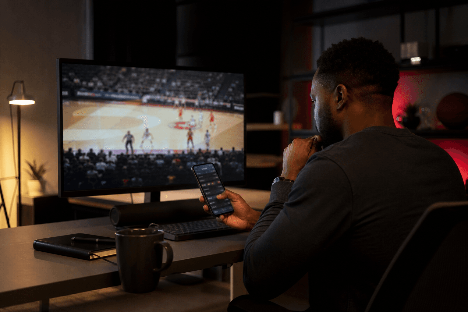 Bettor watching a live basketball game while checking odds on a phone
