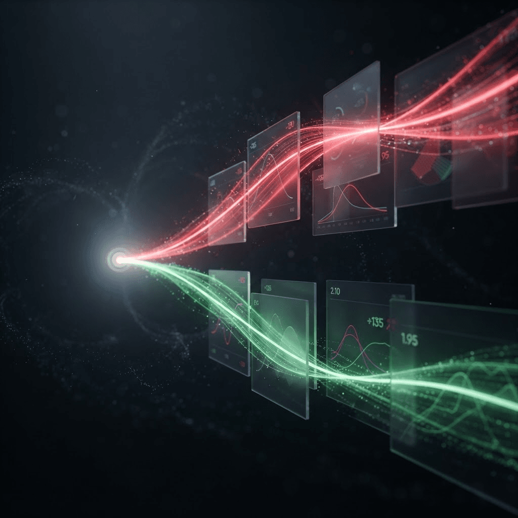 Abstract visualization of two diverging data streams in red and green flowing through floating panels of odds and probability curves