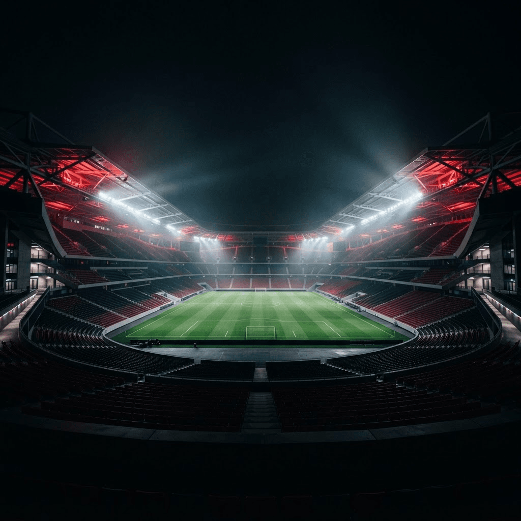 Modern stadium at night lit by dramatic red and white floodlights
